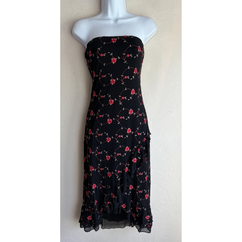 Vintage 90s Y2K Strapless Rose Embroidered Midi Dress S Romantic Fairy Grunge